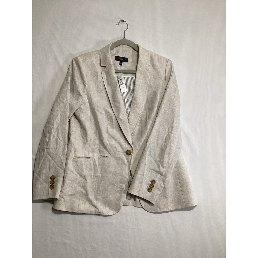 Talbots Beige Lined Blazer Button 100% Linen Pockets Classic Preppy Size 10 $169
